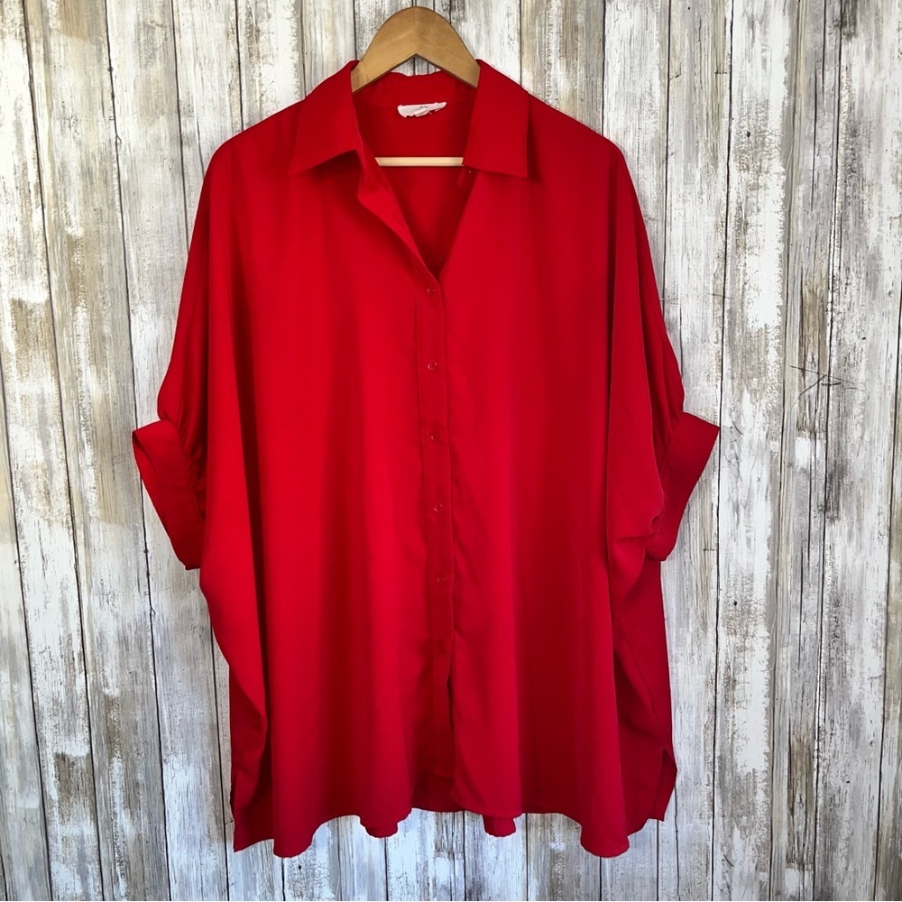 Entro Red Oversized Button Down Satin Blouse - Picture 1 of 5